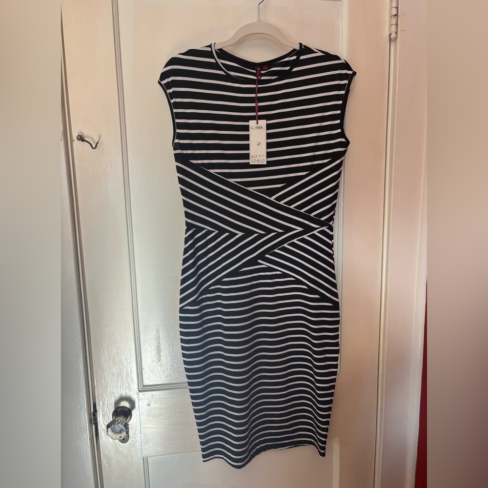 NWT Yizoo Black and White Striped Wrap Dress